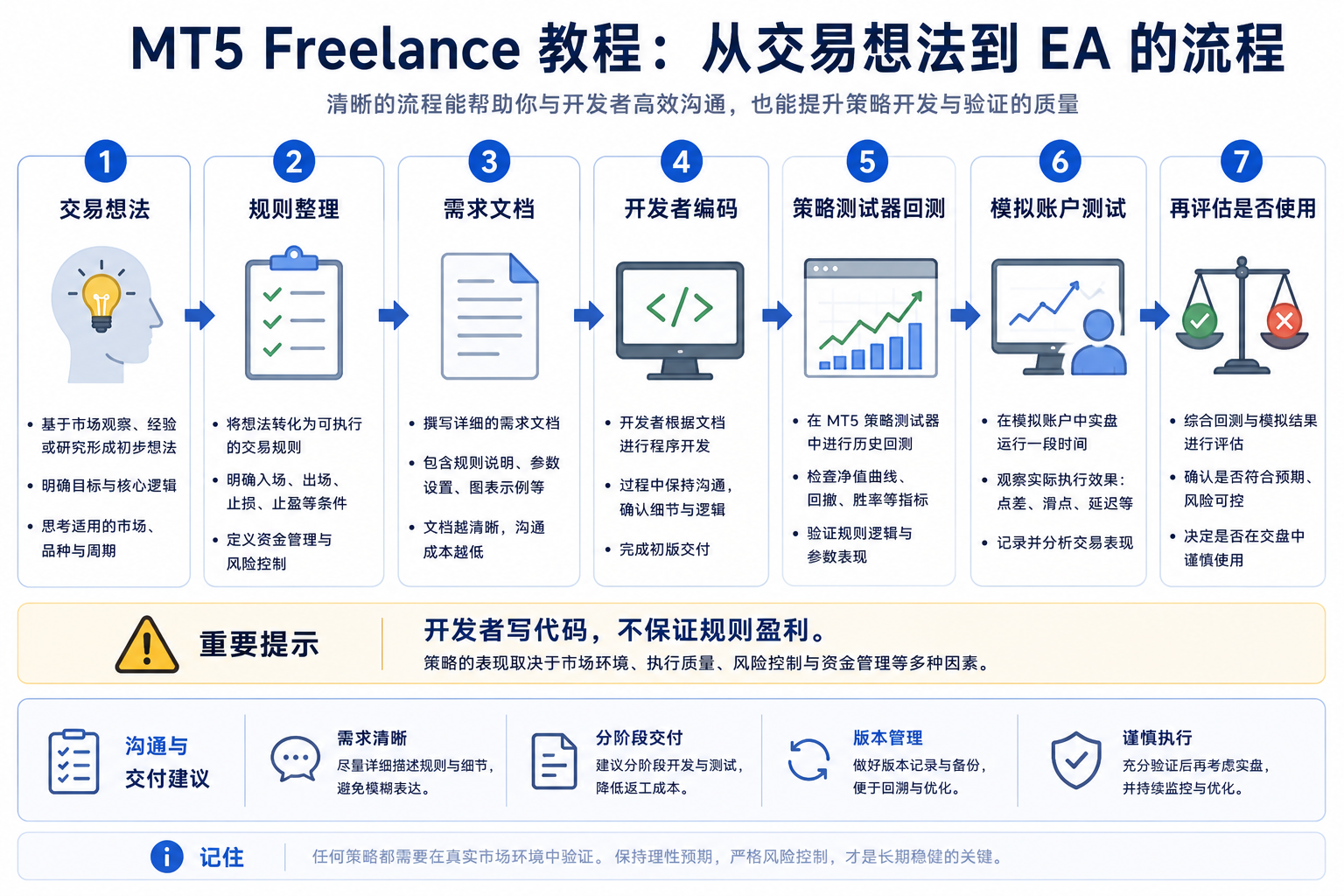 从交易想法到 EA 的流程图：模糊想法需先整理为可判断的入场出场、止损止盈与风控规则，写成需求文档后由开发者编码，再经策略测试器回测与模拟账户验证、功能验收，最后才能评估是否适合实盘，不能跳过规则整理与测试直接上线