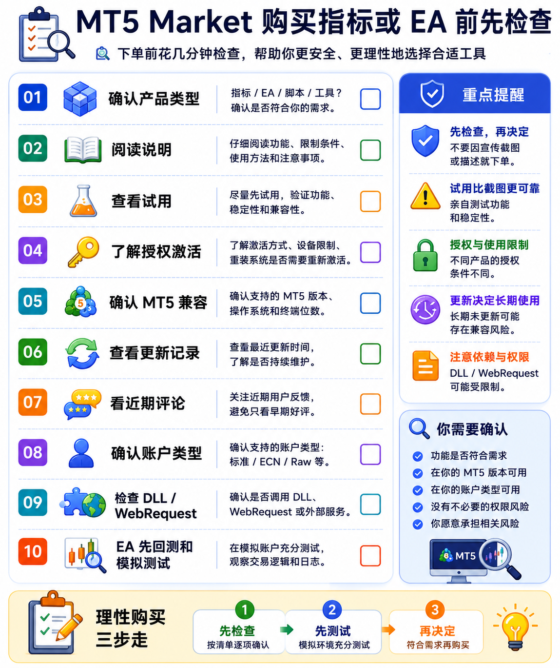 MT5 Market 购买前风险检查清单信息图：核对产品类型与 MT5 版本、试用租用与 MQL5 授权激活、说明与近期评论、是否含加仓网格马丁等逻辑、DLL 与 WebRequest 权限、EA 是否已回测与模拟测试、以及理解买的是工具而非盈利保证