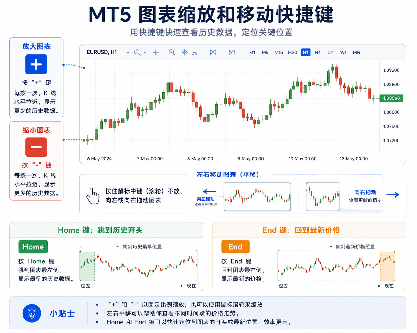 图表缩放与移动快捷键：加号减号、Home 和 End 的组合示意